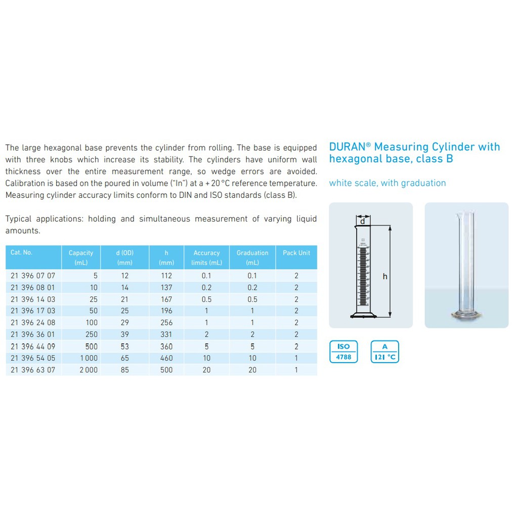 Ống đong lường thủy tinh chia vạch trắng 1000 ml B DURAN | DURAN® Measuring Cylinder with hexagonal base class B 1L