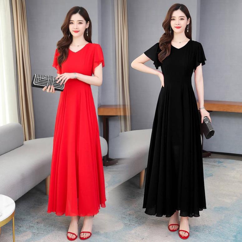 Hàng Mới Về Đầm Chiffon Dài Ôm Dáng Màu Trơn Thời Trang Mùa Hè Cho Nữ 30-50 Tuổi ঔৣ