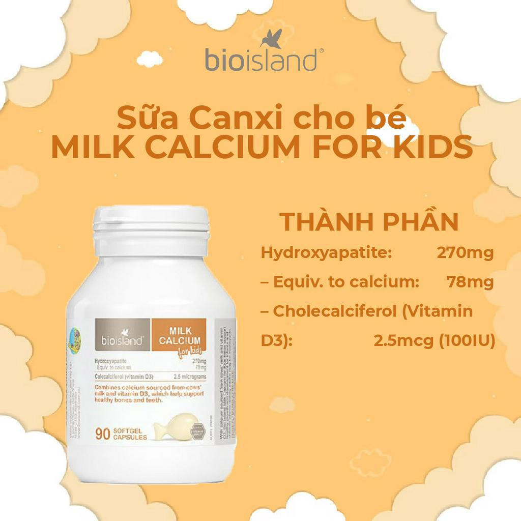 Viên canxi sữa Bio Island Milk Calcium For Kid 90 viên của Úc tăng cường hệ miễn dịch và giúp hệ xương của bé chắc khỏe