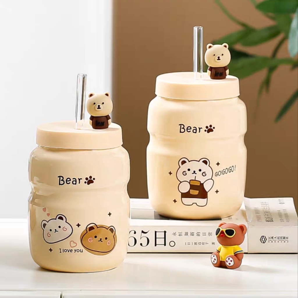 [Hàng sẵn] Ly Gốm, Cốc gốm sứ hình Gấu dung tích 500ml, Kiểu dáng tùy chọn, có nắp chắn tránh đổ nước, Glass, Cup Bear