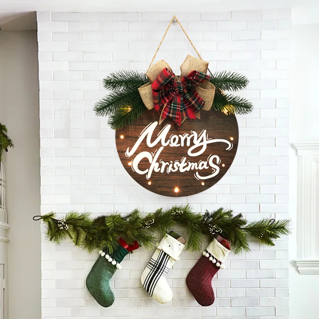 Bảng Treo Cửa Chào Mừng Bằng Nhựa 28.5cm Có Đèn LED Hình Tròn In Chữ Độc Đáo Trang Trí Giáng Sinh