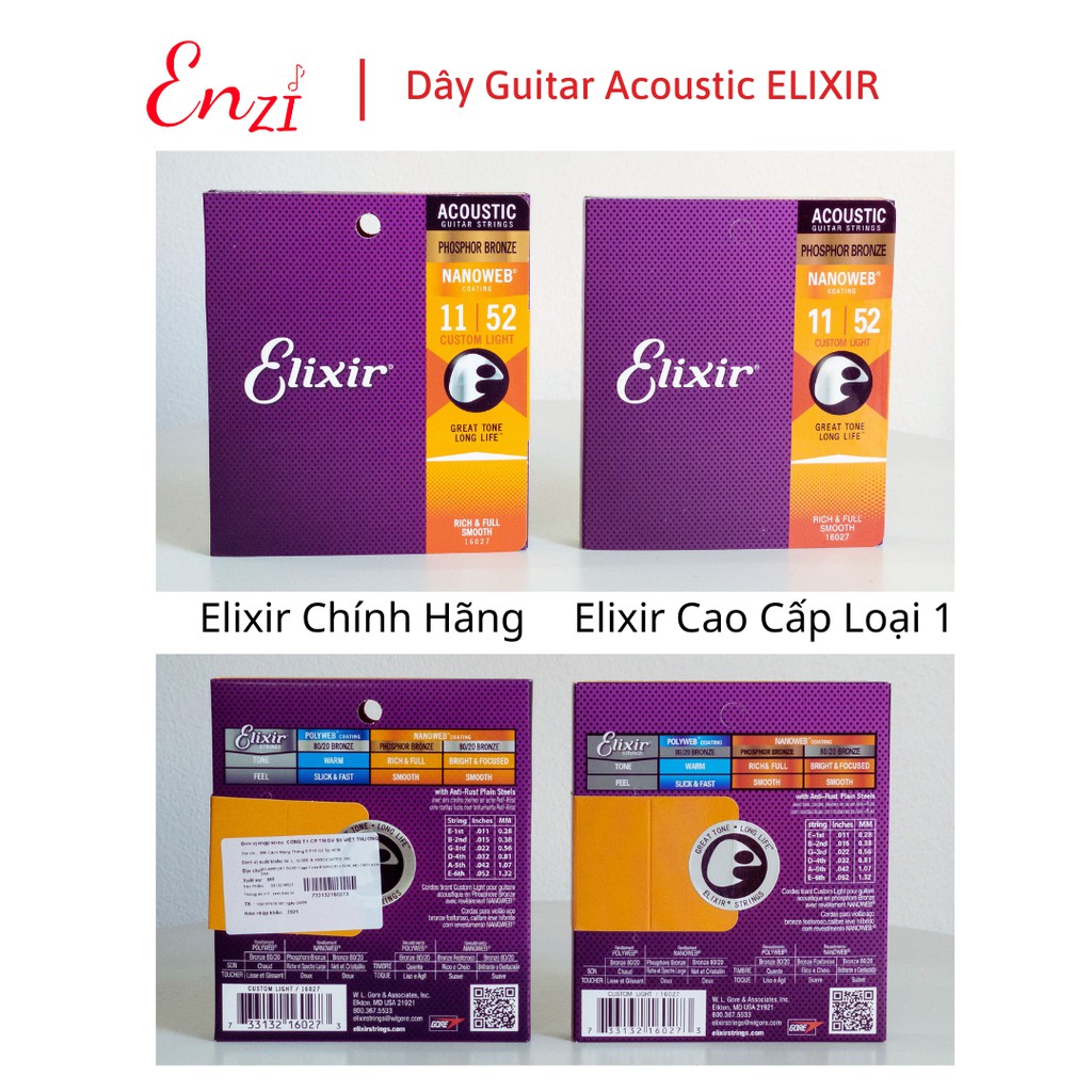 Dây đàn guitar acoustic elixir 16027 Phosphor Bronze Nanoweb cỡ 11 dây đàn Elixir 16052 và 16002 chính hãng