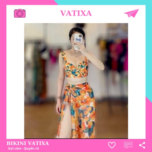 Sét bikini 3 món đồ bơi đi biển hoa cam kèm khăn VATIXA BKN115