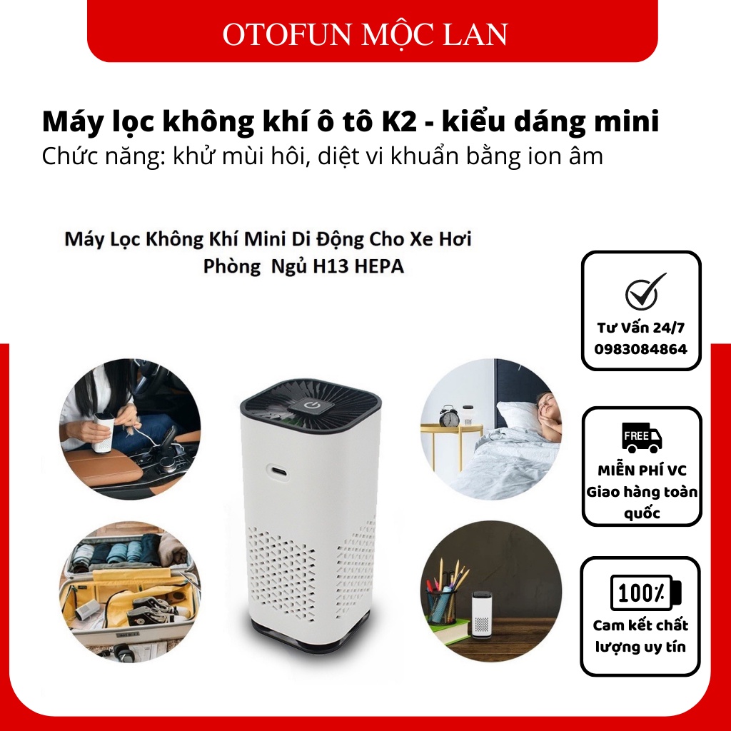 Máy Lọc Không Khí Mini Di Động Cho Xe Hơi/Phòng Ngủ K2 Với Bộ Lọc HEPA khử mùi hôi, diệt vi khuẩn bằng ion âm