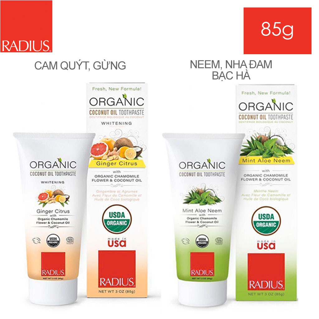 [TRẺ LỚN] Kem Đánh Răng Trắng Răng Hữu Cơ Vị Cam, Quýt, Gừng Radius - Organic Coconut Oil Toothpaste Ginger Citrus, 85g