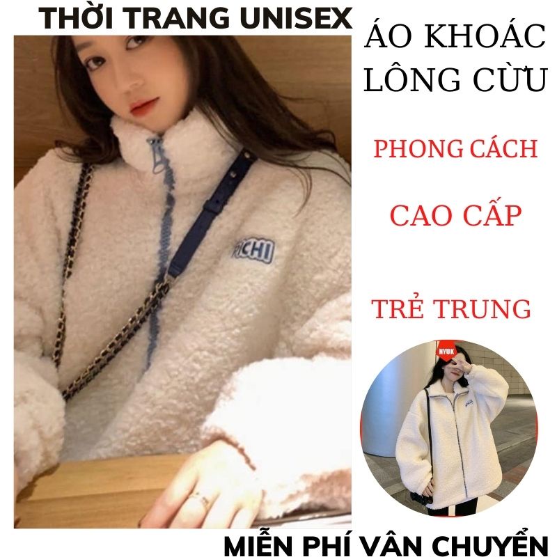 Áo khoác lông cừu dáng rộng ấm áp phong cách hàn quốc AL03, áo khoác cổ bẻ in chữ ngực ulzzang ,THỜI TRANG1989