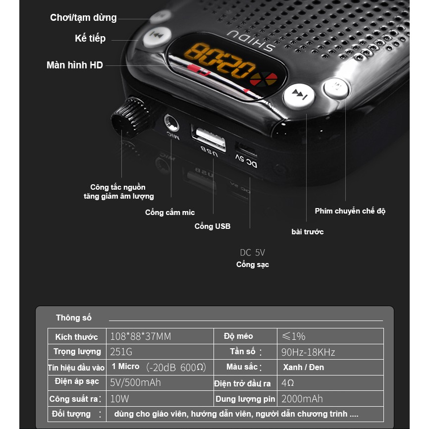 Loa trợ giảng không dây SHIDU SD-S611 bộ kếch đại âm thanh dùng cho giáo viên, hướng dẫn viên