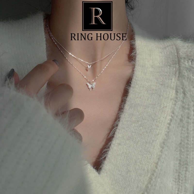 (Titan) N9 Dây Chuyền Vòng Cổ Nữ Double Dây Con Bướm Bạc Titan Không Đen Ring House