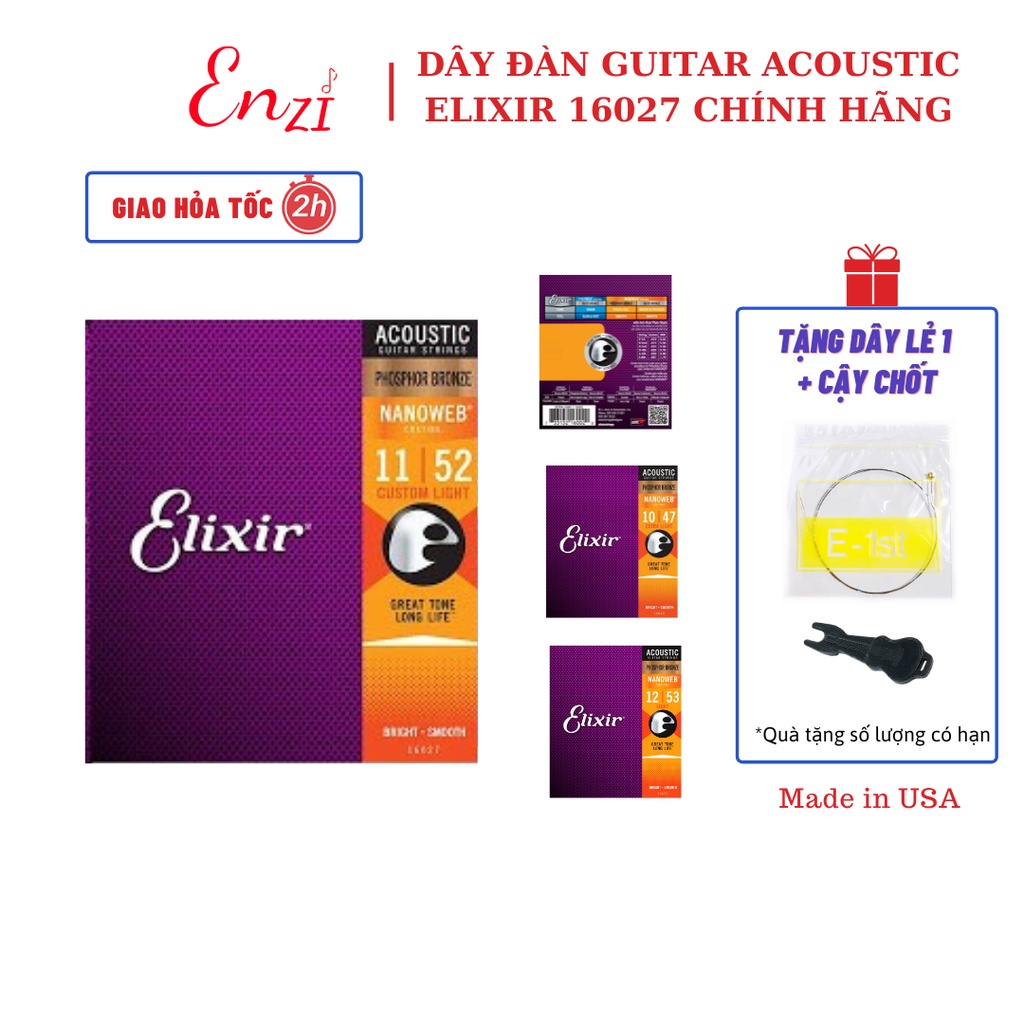 Dây đàn guitar acoustic elixir 16027 Phosphor Bronze Nanoweb cỡ 11 dây đàn Elixir 16052 và 16002 chính hãng