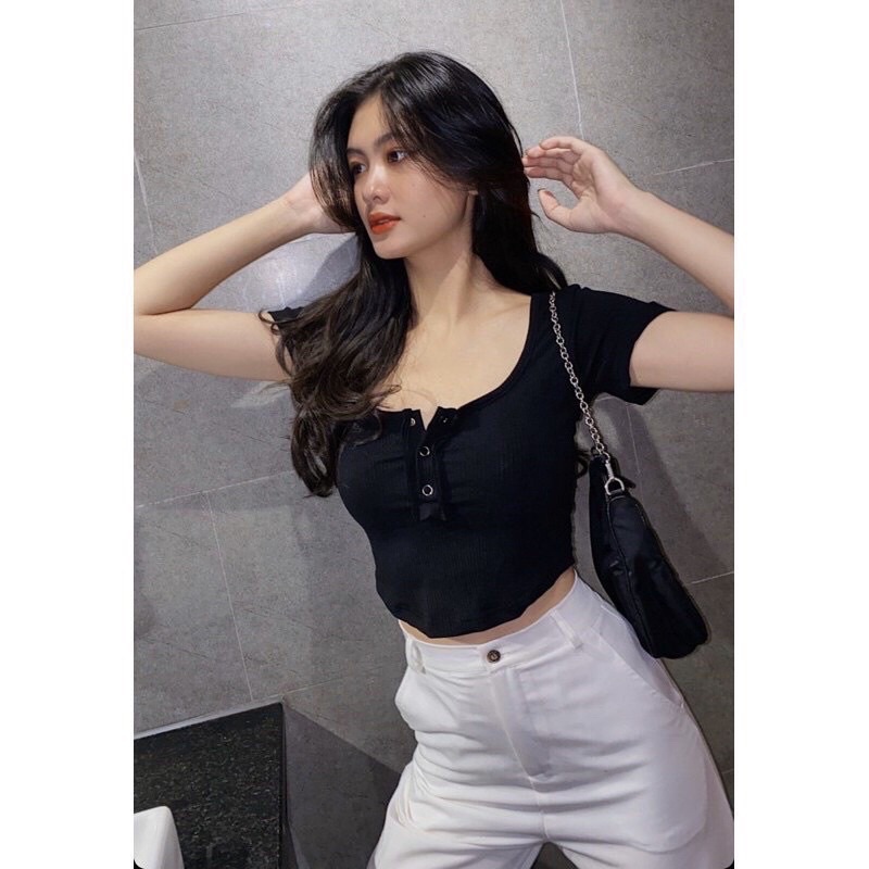 Áo Croptop cúc Ngực body sexy nữ 2 màu đen trắng