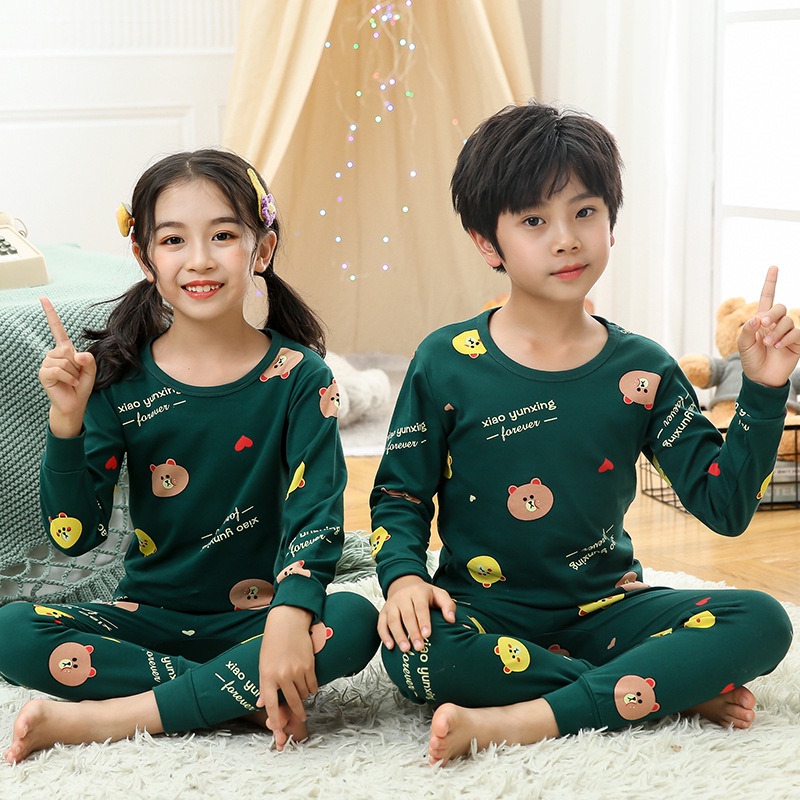 Set đồ ngủ tay dài in hoạt hình chất liệu cotton kiểu Hàn Quốc thời trang mùa thu cho bé 3-14 tuổi