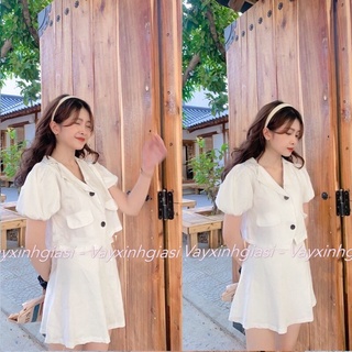 [Mã FATHANG5 giảm 10K đơn 50K] Set croptop áo sơmi cổ vest tay bồng kèm chân váy