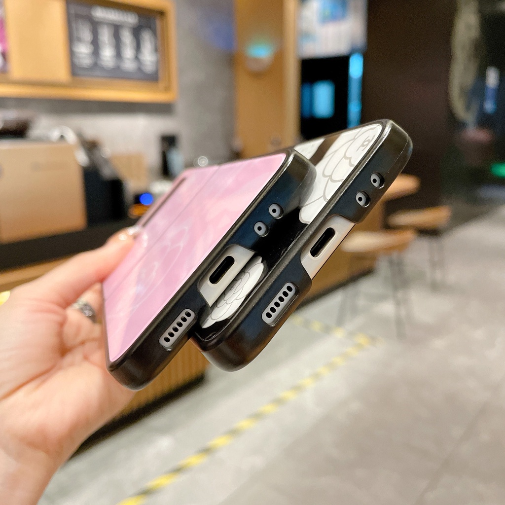Ốp Điện Thoại Kính Cường Lực Cứng Họa Tiết Hoa Màu Hồng Đen Cho Samsung Galaxy Z Flip 4 5G Z Flip 3 5G