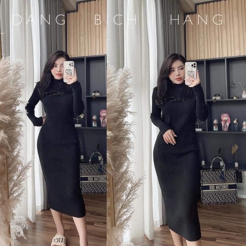 Đầm len,váy len cổ 3p dáng dài chất len tăm ôm body tôn dáng