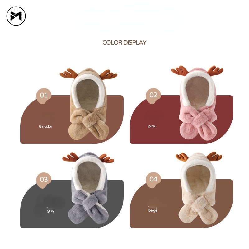 Nón Tích Hợp Khăn Choàng Cổ Bằng Lông Cừu Họa Tiết Hoạt Hình Phong Cách Hàn Quốc Dành Cho Bé 2-8 Tuổi