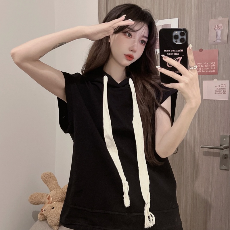 Áo Hoodie Không Tay Dáng Rộng Màu Sắc Đơn Giản Cho Nữ