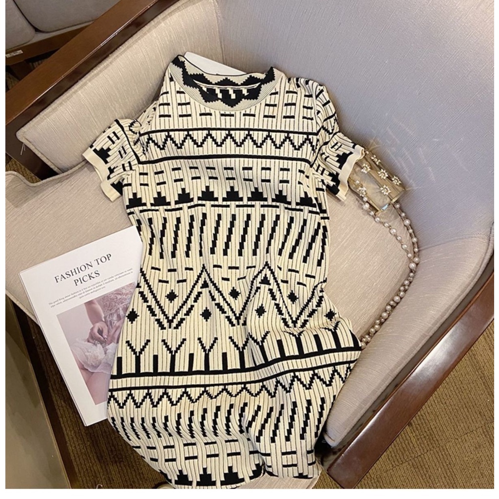 Đầm ZHELIHANGFEI dệt kim họa tiết hình học nhẹ nhàng xinh xắn