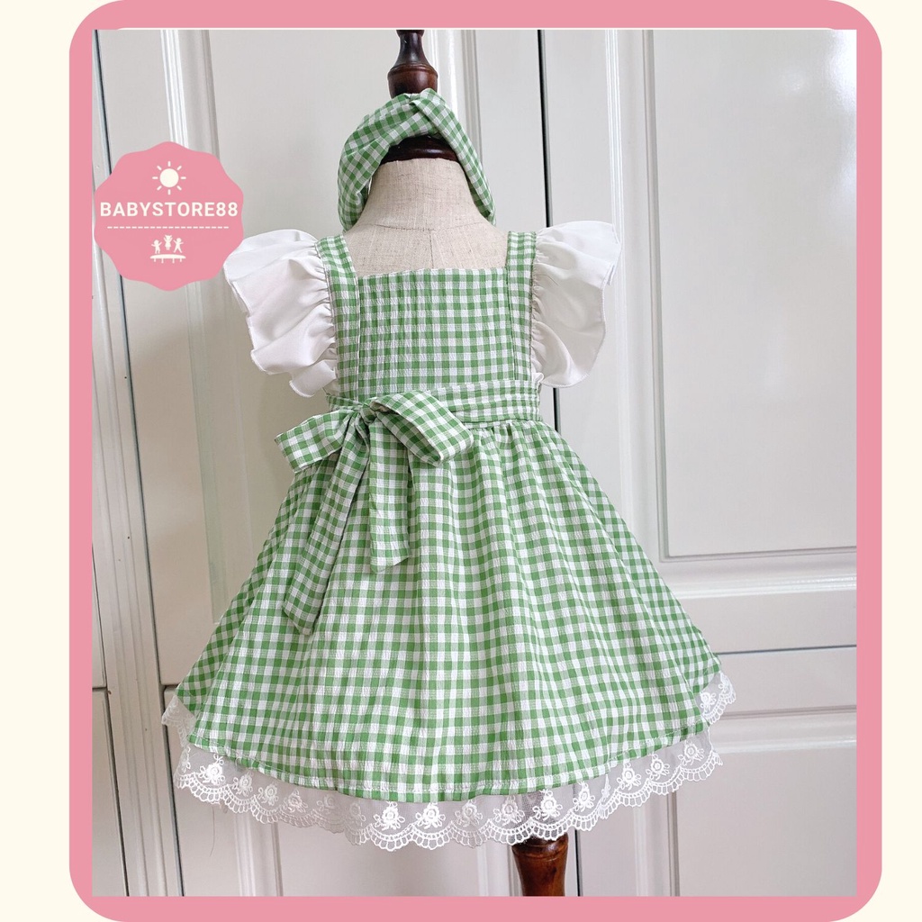 Váy em bé gái [ tặng kèm turban] -BABYSTORE88 - Đầm caro xanh cho bé hàng thiết kế  1 2 3 4 5 6 7 tuổi V2