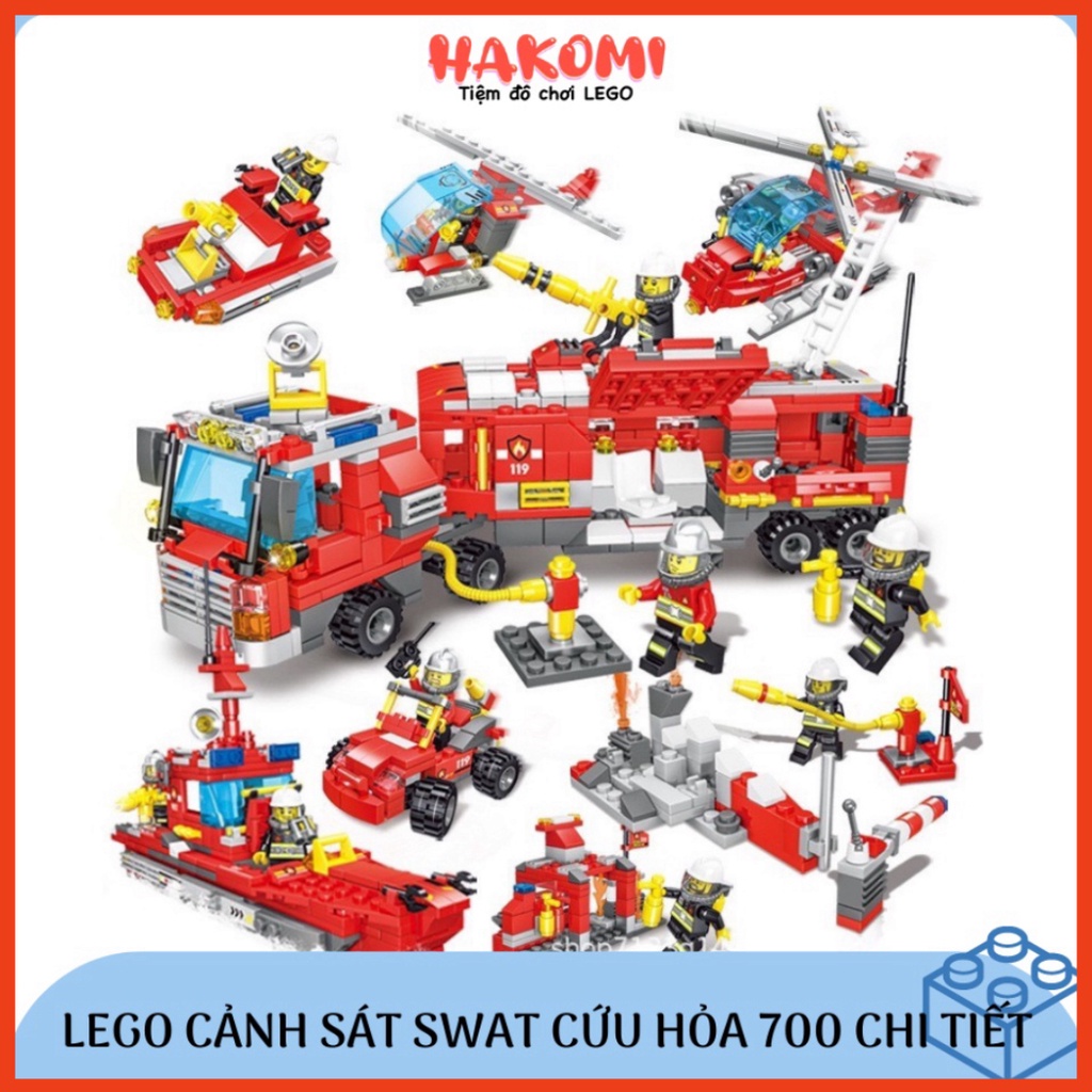 Đồ Chơi Lego Cảnh Sát Cứu Hỏa - Mô Hình Swat Trực Thăng, Tàu Biển Lắp Ráp Cho Bé Hakomi