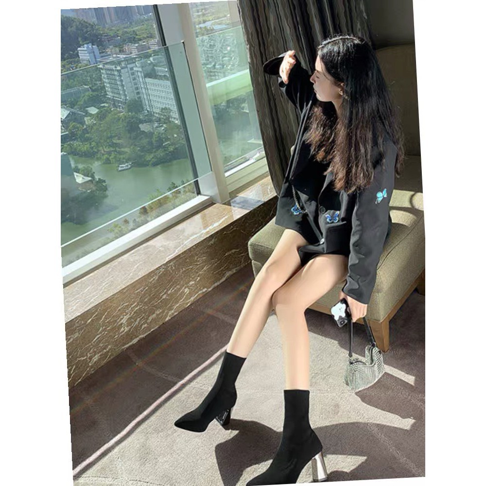 Giày bốt len nữ gót tráng gương, Boot len nữ cổ cao lửng gót trụ bạc tráng gương cao 7 phân hàng Quảng Châu | BigBuy360 - bigbuy360.vn