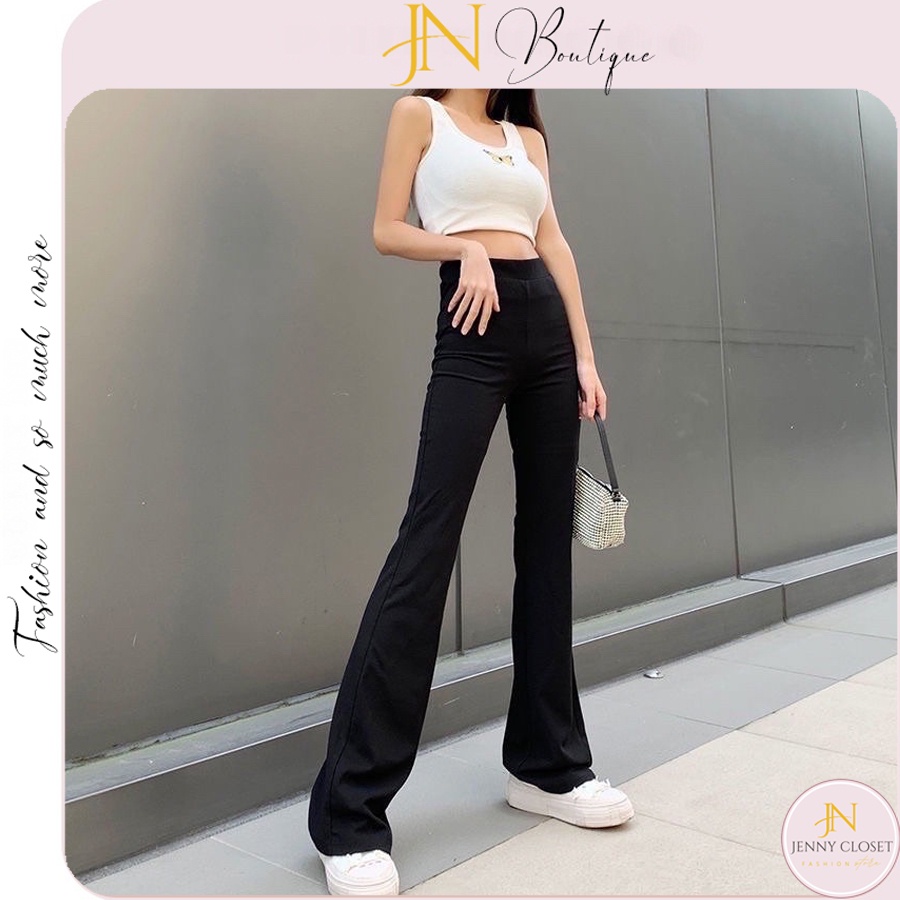 Quần ống loe cạp cao nữ dáng dài có dây eo đen quần legging nữ ống loe ôm lưng chun thun vải co giãn học sinh công sở