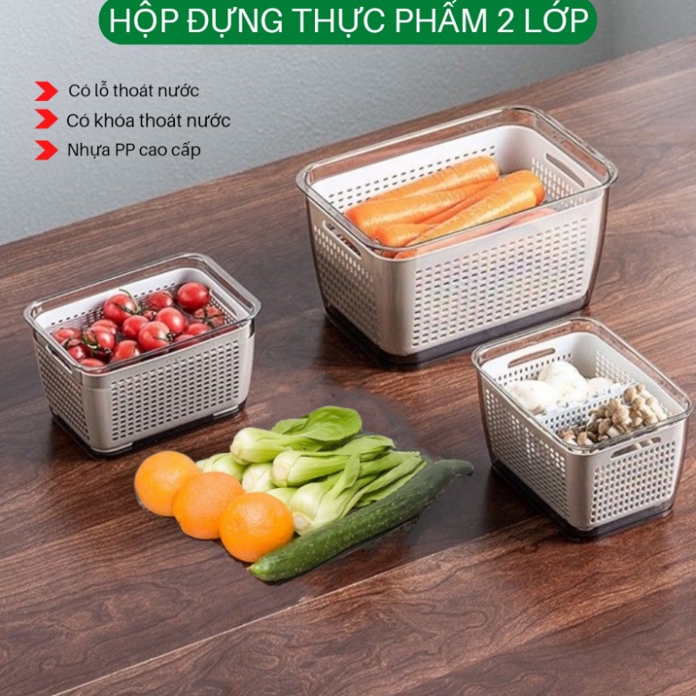 Hộp đựng thực phẩm tủ lạnh 2 lớp có lỗ thoát nước Việt Nhật