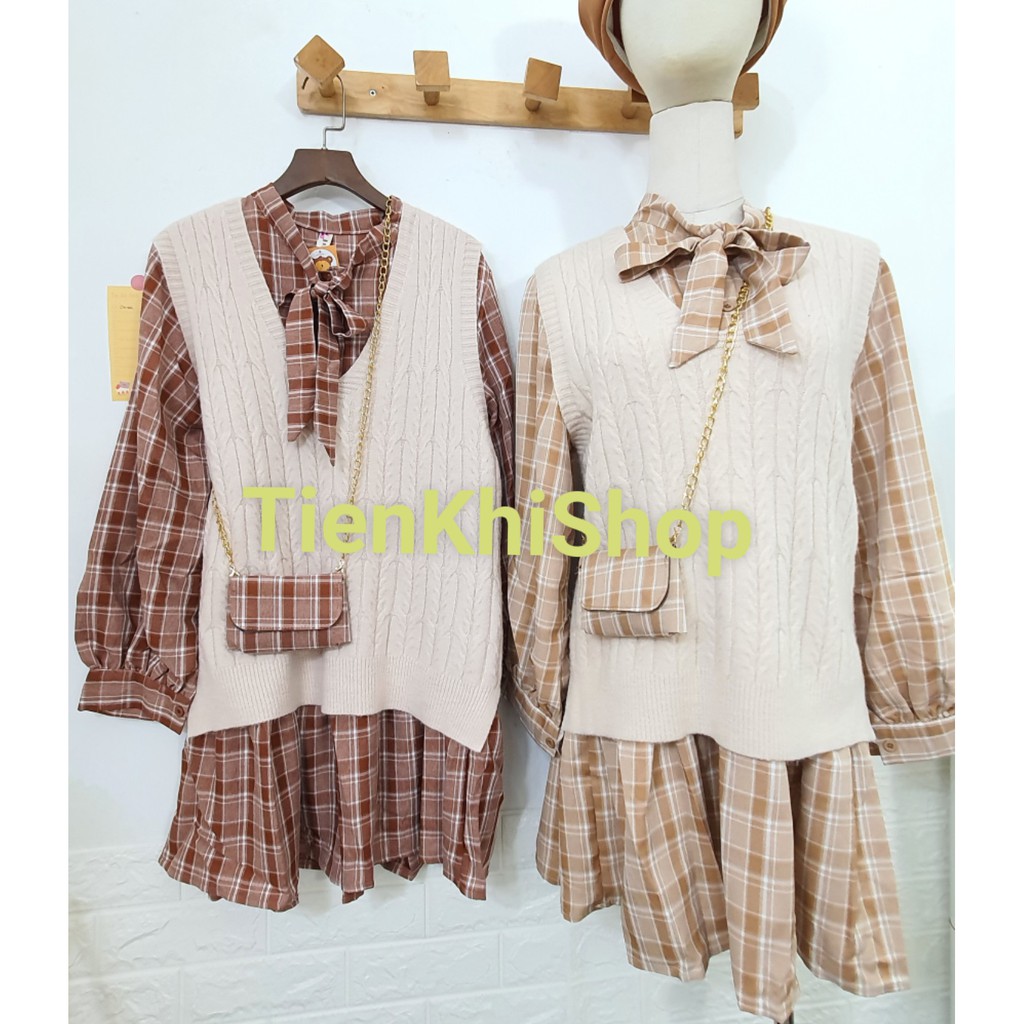 SET ÁO GHILE VÀ ĐẦM CARO THẮT NƠ ĐUÔI CÁ NGẮN ULLZANG