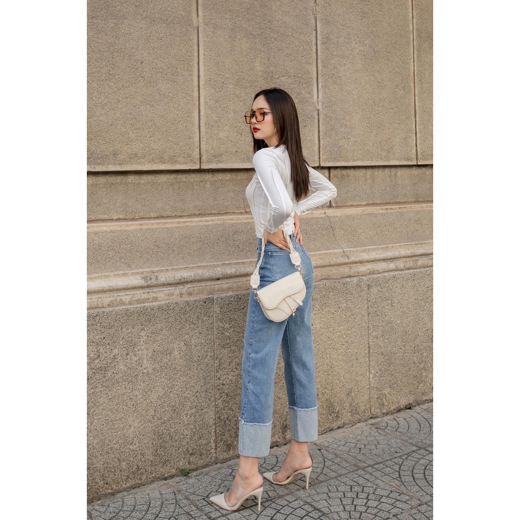 Quần jeans nữ HQJeans dáng suông ống rộng thiết kế gấp ngược gấu mới lạ phong cách thời trang trang nhã