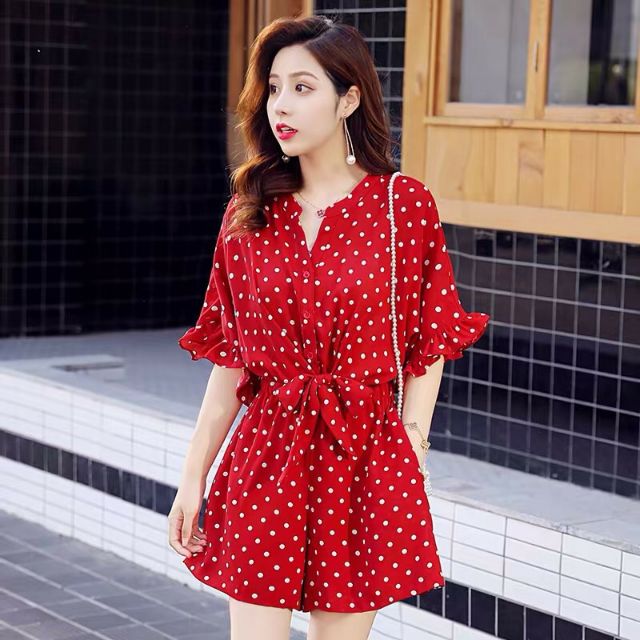 Jumpsuit ngắn ống rộng chấm bi, bộ jum đùi lụa thắt nơ - DTH