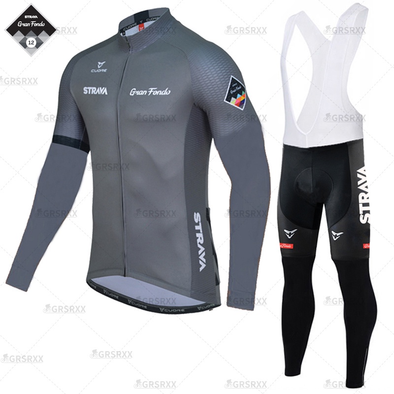 Bộ Quần Áo Đua Xe Đạp Jersey Tay Dài Màu Xám Strava 2022