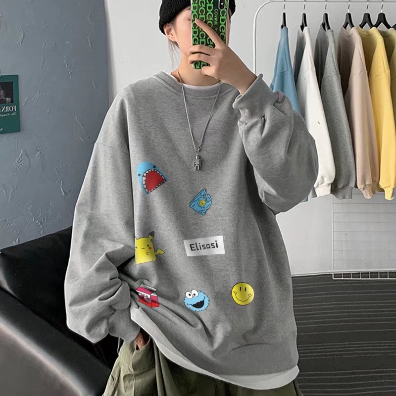 Áo sweater dài tay cổ tròn dáng rộng 45kg-110kg họa tiết hoạt hình thời trang thu đông unisex
