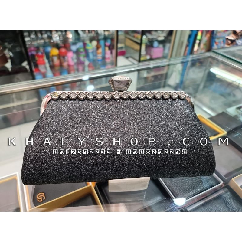 Bóp đầm clutch dạ hội dự tiệc sang trọng đeo chéo xách tay màu xám đậm viền hoa đính hột lấp lánh