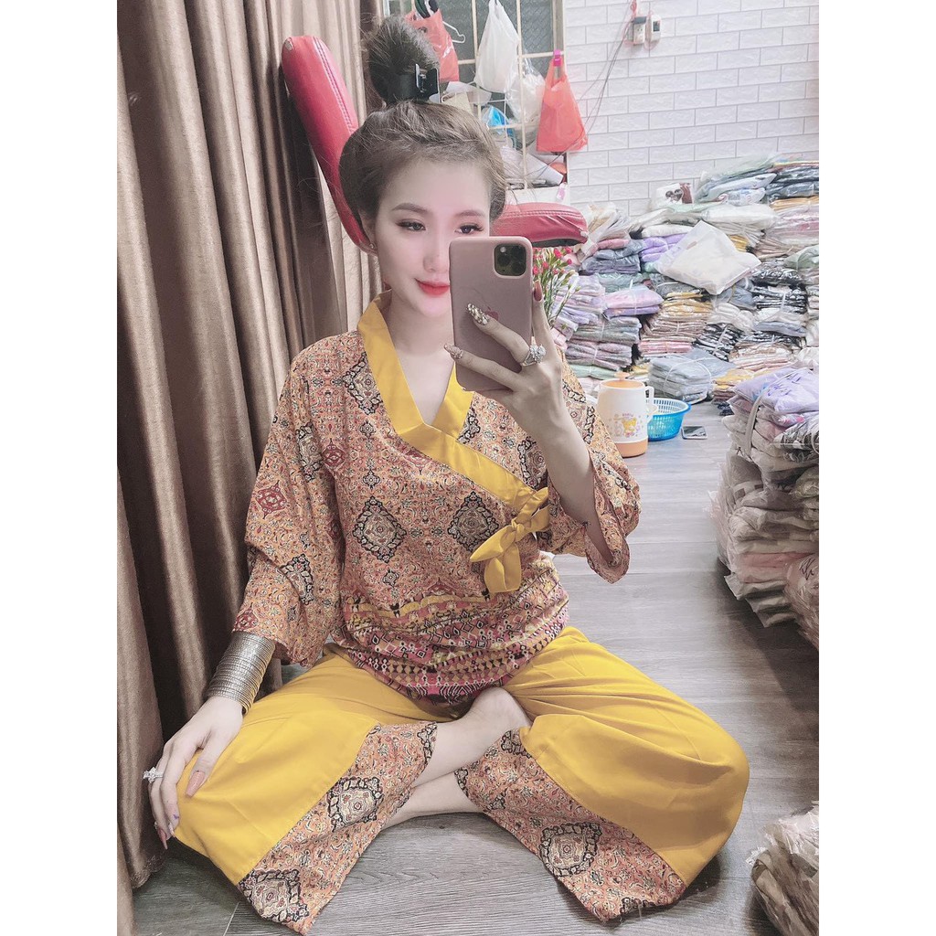 Bộ Lam thổ cẩm viền chéo kèm nơ dễ thương - Đồ bộ phật tử (hàng mới về kèm hình thật) | BigBuy360 - bigbuy360.vn