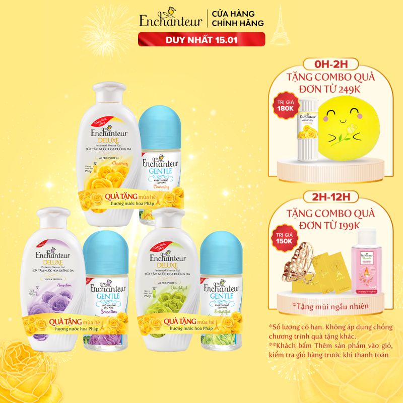 [MỚI] Lăn khử mùi Enchanteur Gentle Charming/ Delightful/ Sensation 50ml + Sữa tắm 100gr