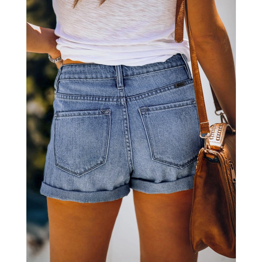 Quần Short Denim Lưng Cao Phối Nút Thời Trang Đường Phố Cá Tính Cho Nữ