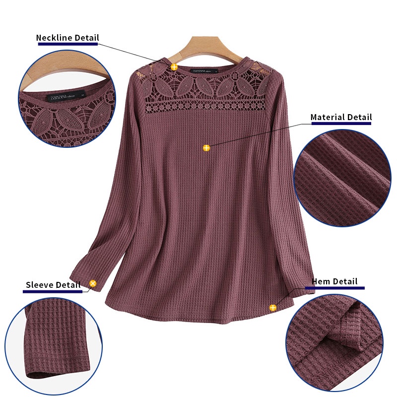 Áo kiểu ZANZEA tay dài phối ren màu trơn thời trang cho nữ