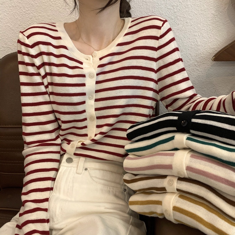 Áo khoác cardigan SUXI dệt kim tay dài dáng rộng họa tiết kẻ sọc thời trang mùa thu phong cách Hàn Quốc mới cho nữ