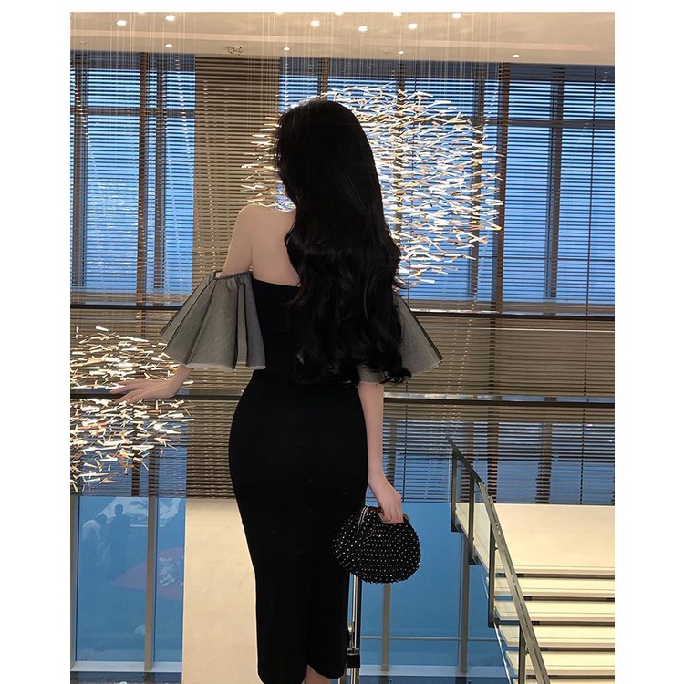 Đầm Đuôi Cá Dự Tiệc Lệch Vai Sexy Đen Thời Trang Nữ