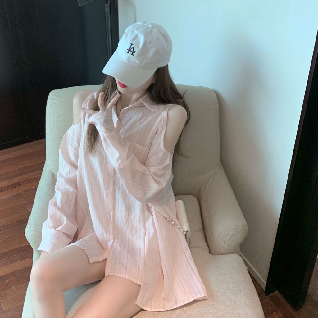 Áo Kiểu Dài Tay Trễ Vai Họa Tiết Kẻ Sọc Thiết Kế Mới Thời Trang Cho Nữ