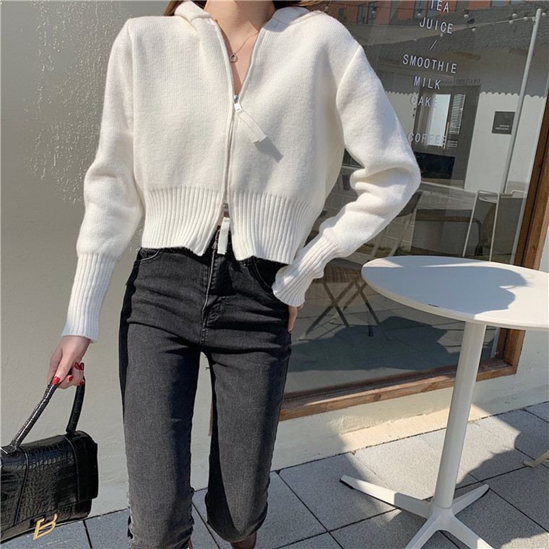 IELGY Áo khoác hoodie ngắn dệt kim thiết kế hai dây kéo thời trang cho nữ