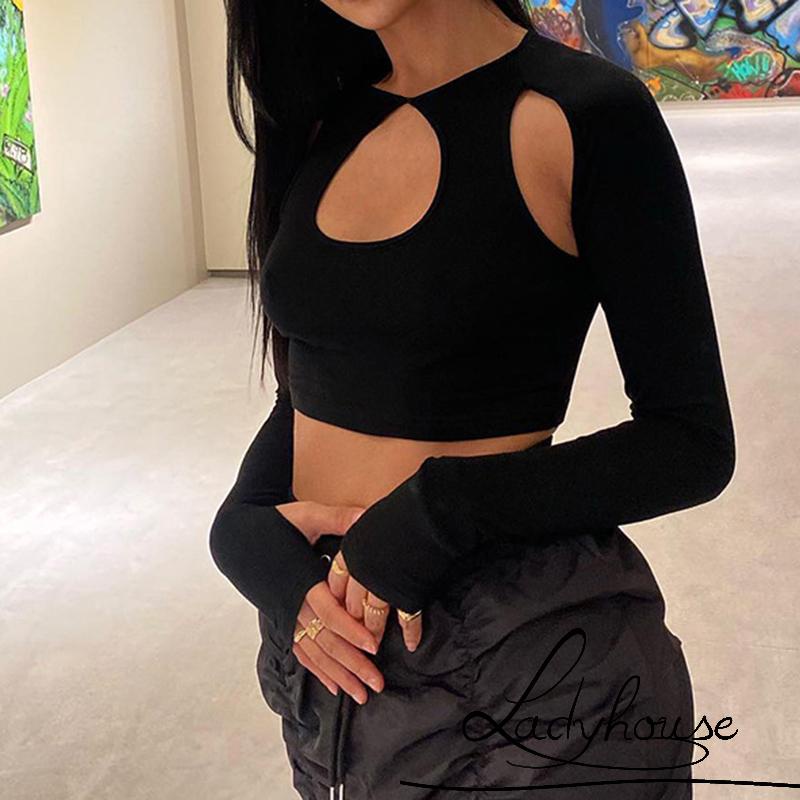 Áo Croptop Tay Dài Cổ Tròn Màu Trơn Thời Trang Mùa Hè Cho Nữ