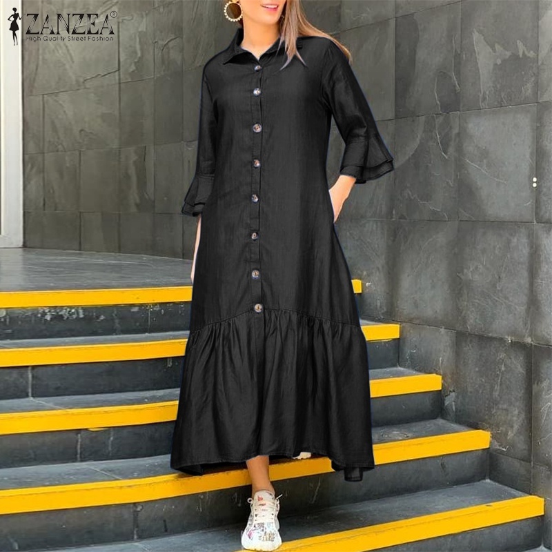 Đầm denim ZANZEA tay dài 3/4 có túi thời trang cho nữ