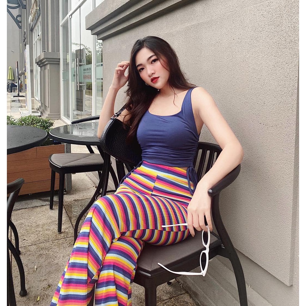 Đồ bộ nữ, set đồ bộ quần ống loe đai cao và áo croptop 2 dây bản to có dây rút 2 bên vải thun gân borip, đồ bộ mặc ở nhà