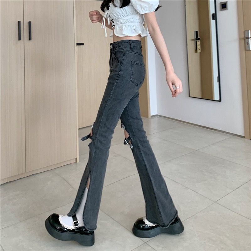 Quần Jean Nữ Lưng Cao Ống Đứng Rách Gối Kiểu Retro Thời Trang Xuân Thu Mới 19