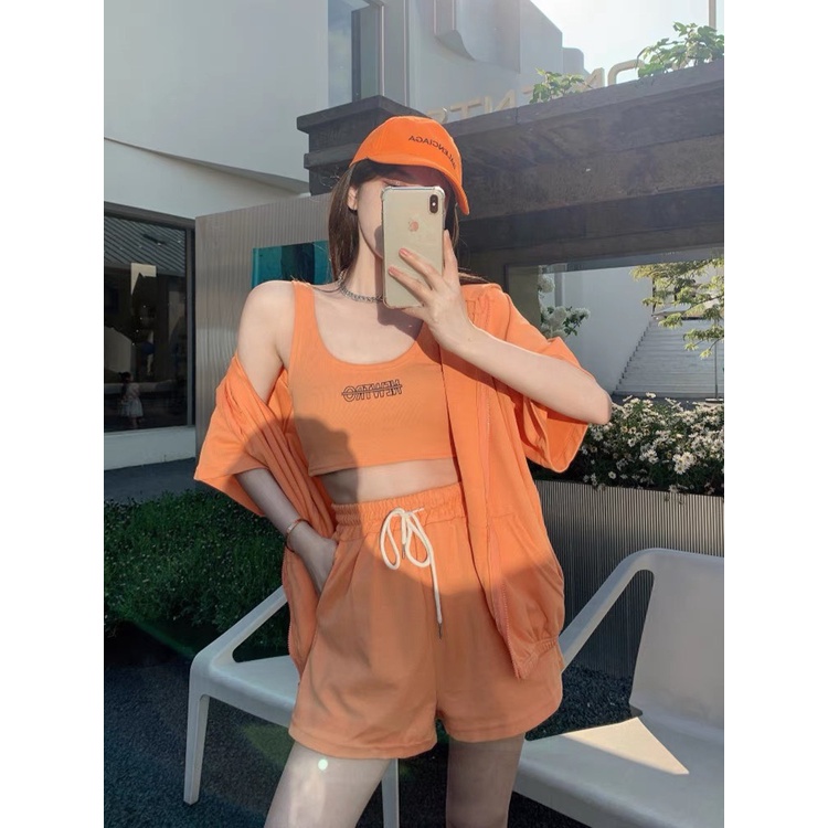 SÉT 3 MÓN ( ÁO CỘC TAY KÉO KHÓA + ÁO CROPTOP +QUẦN SOOC) CHO NỮ