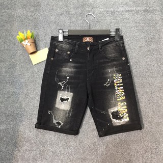 Quần bò ngố in chữ LV, quần short nam, quần jean đùi nam