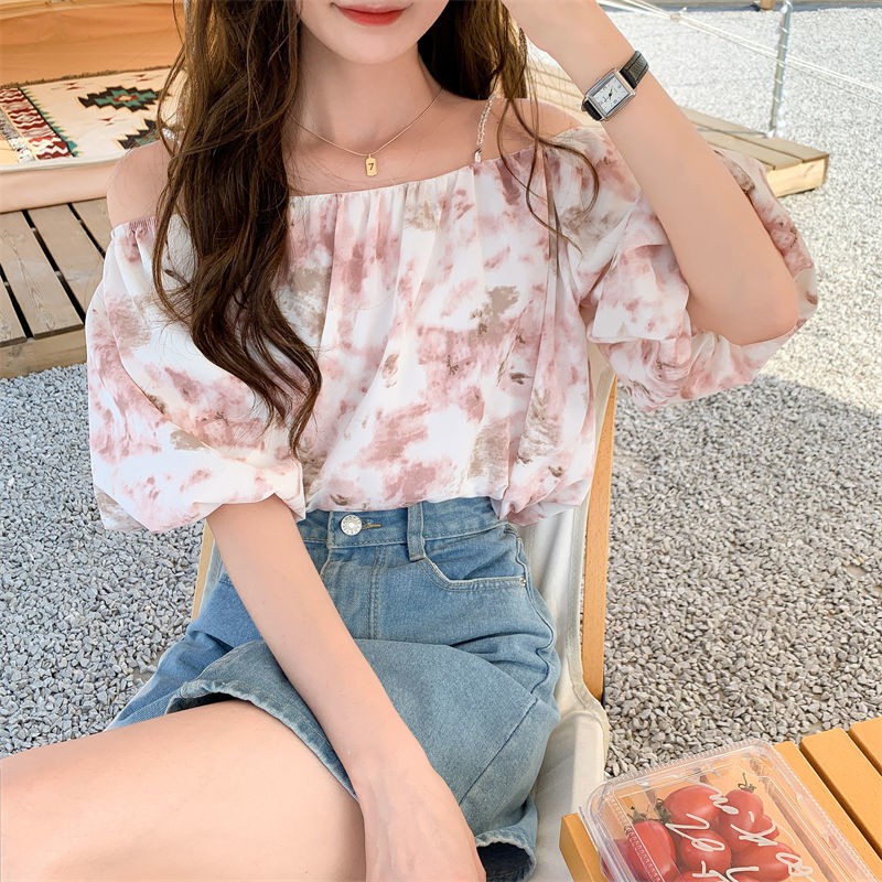 Áo Kiểu Hở Vai Tay Ngắn Họa Tiết Màu Nhuộm Ngọt Ngào Thời Trang Mùa Hè Mới Cho Nữ 2021 | BigBuy360 - bigbuy360.vn