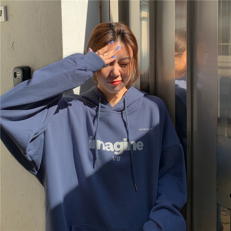 SUXI Áo hoodie dáng rộng in chữ thiết kế mới thời trang mùa thu theo phong cách hàn quốc dành cho nữ