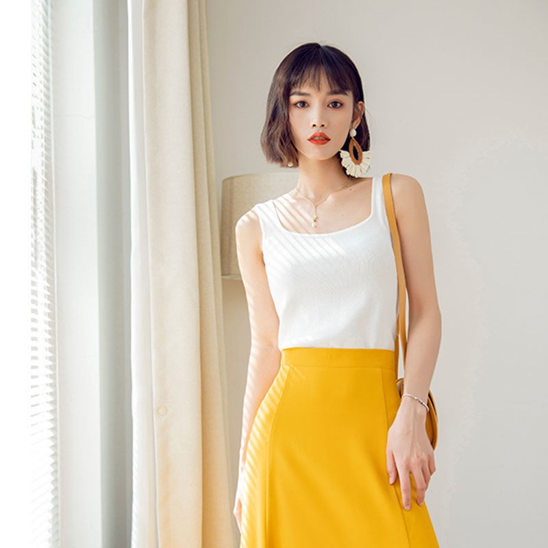 Đầmđầm xoè✧✶Áo vest nữ có cổ chữ I mùa hè năm 2021 mới mỏng mảnh mai băng lụa sling mặc ngoài không tay dệt kim h