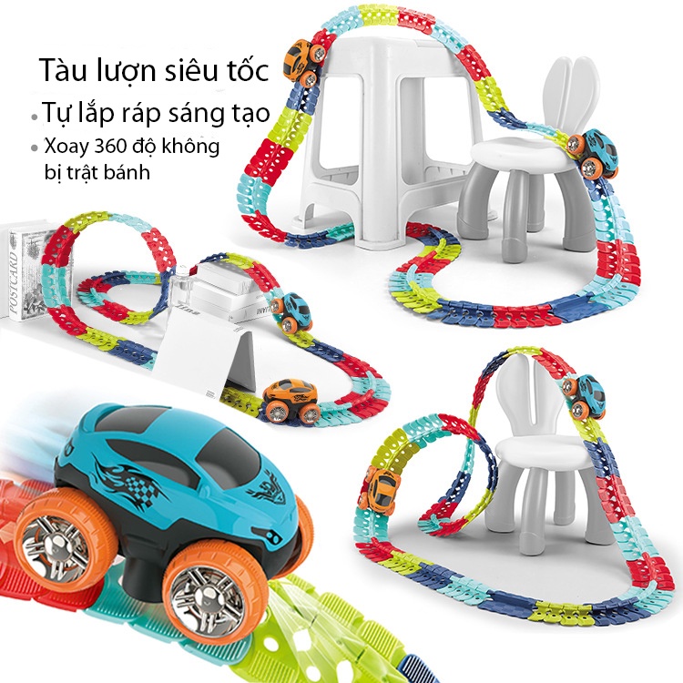 Đồ chơi xe ô tô tàu lượn siêu tốc không trọng lực xoay ngược không lật bánh có đèn tự lắp ráp